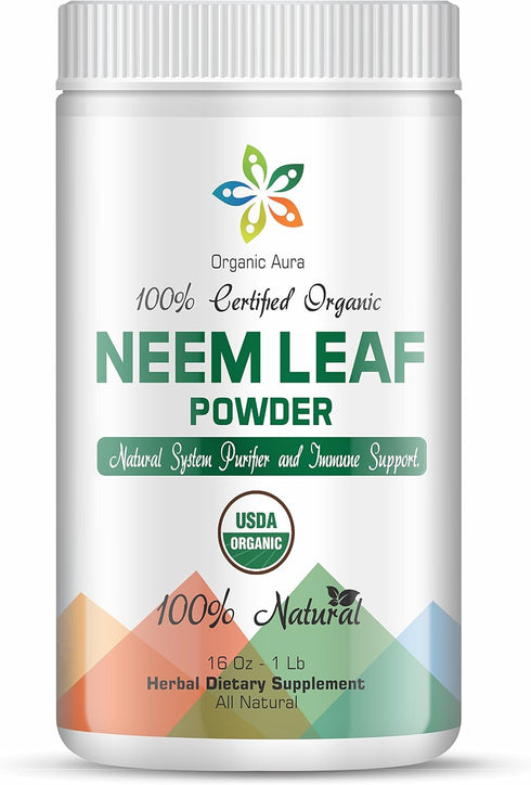 Organic Aura Neem Leaf Powder (Azadirachta Indica). 100% Pure Neem, Raw and Green. USDA Certified Organic Neem for Immune Support, Skin, and Hair....