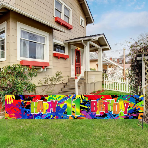 Colorful Neon Graffiti Happy 11th Birthday Banner, Glow in the Dark 11th Birthday Yard Banner Sign, Splash Paint Polyester Children Kids Eleven Ye...