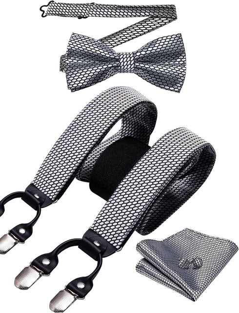 Barry.Wang Suspenders and Bow Tie Set for Men Solid Paisley Bowtie Y Shape Brace Handkerchief Cufflinks 6 Strong Clips...