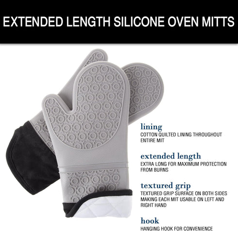 Silicone Oven Mitts – Extra Long Professional Quality Heat Resistant with Quilted Lining and 2-sided Textured Grip – 1 pair Gray by Lavish Home...