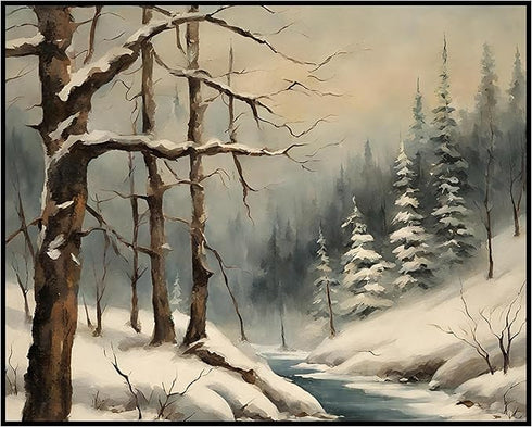 Posterizer 1 pcs-snowy jungle in winter in oil painting style-12-Landscape & Nature Art-GIft for Men Women Teens-Dining Room Decor- unframed wall ...