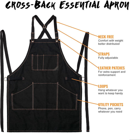 Under NY Sky Essential Deep Black Apron – Cross-Back with Durable Twill and Leather Reinforcement – Adjustable for Men and Women – Pro Chef, Tatto...