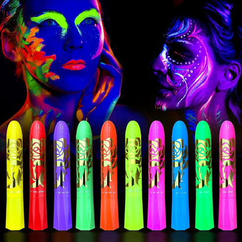 10 Color Glow in The Dark Face Paint,UV and Black Light Neon Face and Body Painting Set Mardi Gras Halloween Masquerade Black Light Birthday Party...