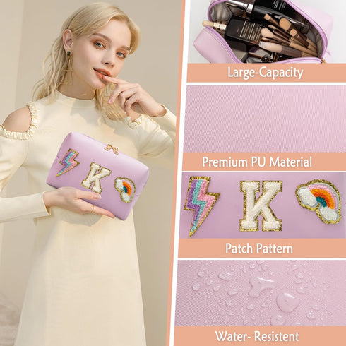 Makeup Bag Preppy Cosmetic Pouch, Monogram Initial Pink Cute Skincare Travel Make up Organizer, Waterproof PU Preppy Case Brithday Gift for Daught...