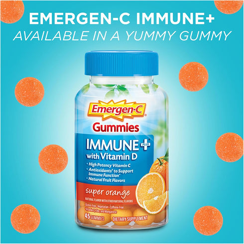 Emergen-C Immune+ Immune Gummies, Vitamin D plus 750 mg Vitamin C, Immune Support Dietary Supplement, Caffeine Free, Gluten Free, Super Orange Fla...