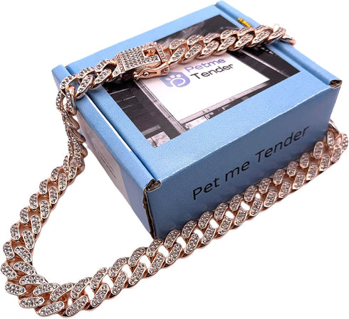Elegant Sturdy 16 in Collar Cuban Link with Secure Buckle Pet Metal Rose Gold diamond Chain Dog Collar for Medium Large Dogs...