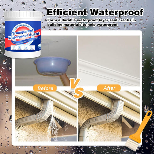 Invisible Waterproof Adhesive - 10.6oz Water-Based Transparent Waterproof Coating with Brush, Wall Bathroom Roof Liquid Waterproof Sealant Anti Le...