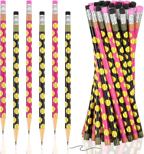 36 Pieces Softball Pencils Softball Party Favors Unsharpened Softball Printed Wooden Pencils with Eraser Sports Themed Fun Drawing Pencils for Sof...