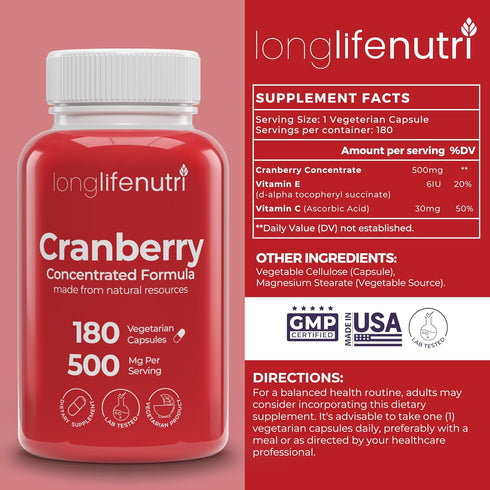 Cranberry Extract with Vitamin C & E - Pure Concentrated Formula, 500mg per Serving, 180 Vegetarian Capsules, Urinary Tract Health & Bladder, 6 Mo...