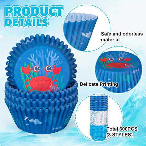 Whaline 600Pcs Ocean Themed Cupcake Liners Summer Baking Cups Crab Coral Starfish Sea Life Cupcake Wrappers Holders Muffin Liners for Bridal Baby ...