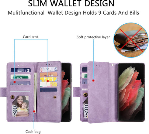 UEEBAI Wallet Case for Samsung Galaxy S21 Ultra 5G, Retro 9 Card Holder Slots Zipper Pocket PU Leather Handbag Cover Magnetic Closure Kickstand wi...