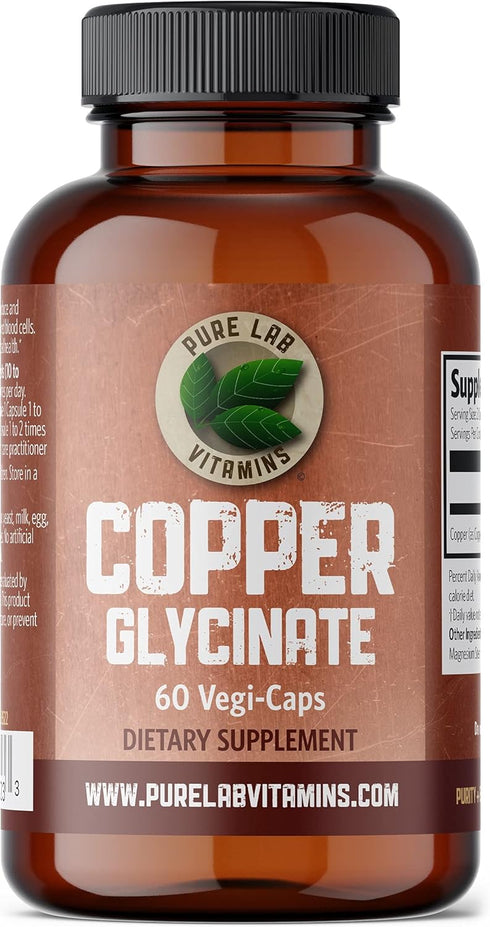 Copper Glycinate Mineral Supplement -1 mg - 60 Vegan Caps by Pure Lab Vitamins - Essential for Collagen Production, Supports Immune System & Red B...