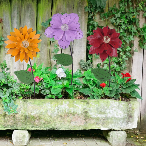 Floral Garden Stake Decor,Glow in Dark Shaking Head Outdoor Plant Pick Water Proof Metal Flower Stick for Lawn Yard Patio,Pathway Ornament,Set of ...