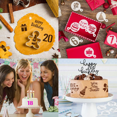 JULBEAR Birthday Cookie Stencils, 36 Pieces Reusable Coffee Decoration Stencils Templates Tools for Cookies Baking Painting Dessert Decoration DIY...