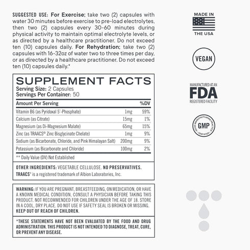Electrolyte Capsules, Low Carb Natural Replacement Rehydration Salts with Magnesium, Zinc, Calcium, & Sodium (100ct)...