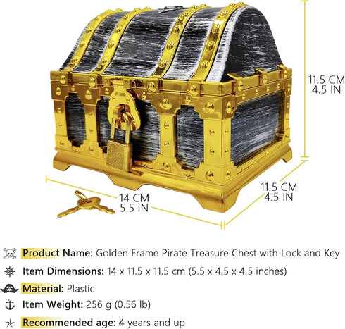 Kids Golden Frame Pirate Treasure Chest with Lock and Key, Treasures Collection Storage and Decorative Box for Kids Birthday Pirate Party Favors...