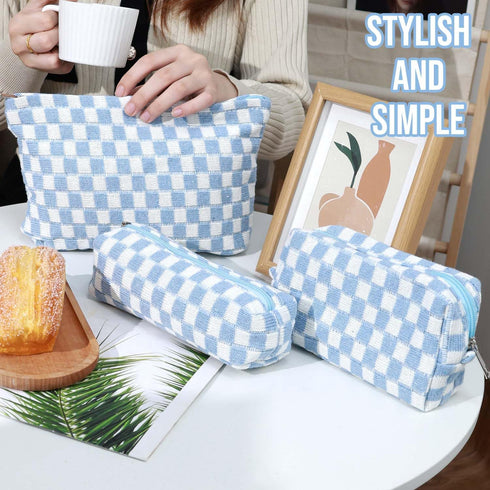 3 Pcs Makeup Bag Cosmetic Bag Set for Girls Women Checkered Travel Organizer Bathroom Toiletry Pouch Large Capacity Storage Bag (Blue-White)...