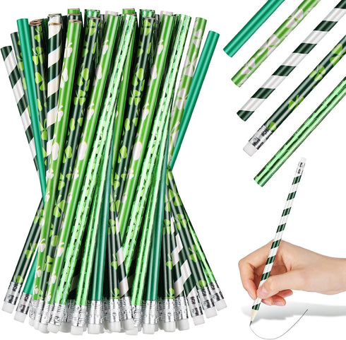 St. Patrick's Day Pencils Shamrock Pencils Clover Novelty Stripe Pencils with Eraser Assorted Kids Pencils Lucky Wood Pencils for 100th Day of Sch...