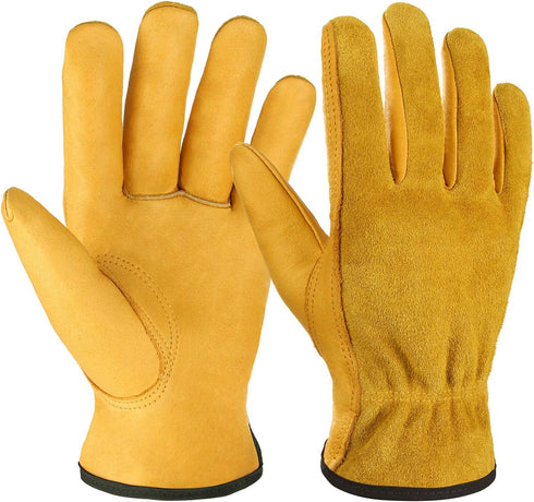 OZERO Leather Work Gloves Flex Grip Tough Cowhide Gardening Glove for Wood Cutting/Construction/Driving/Garden for Men and Women 1 Pair (Gold,Larg...