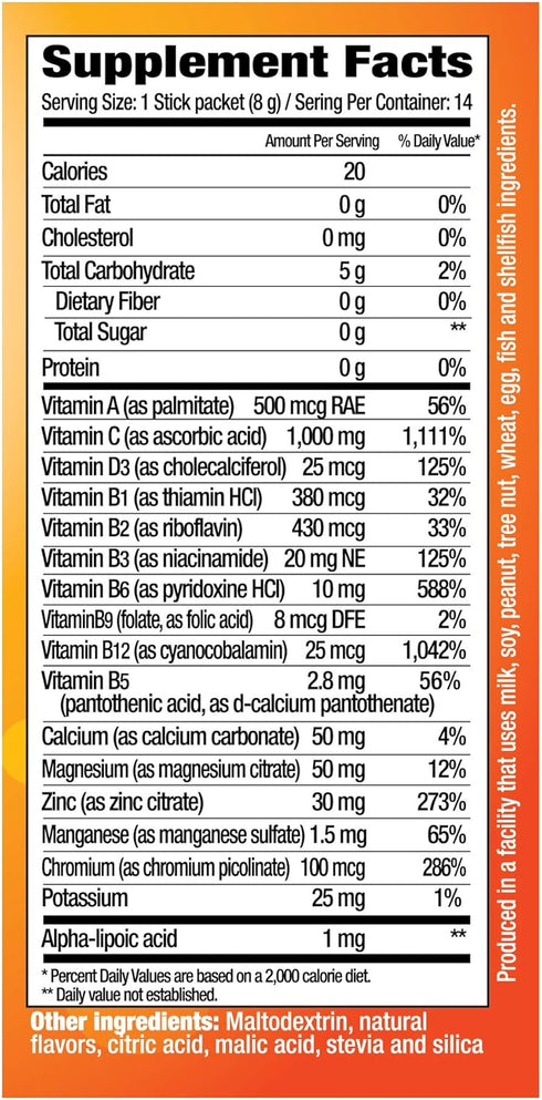 Vitamin C Stick Packs, 16 Nutrients & 7 B-Vitamins, Help Support Immune System, Powerful Antioxidants, Contains Electrolytes, Tangerine Flavor, 14...