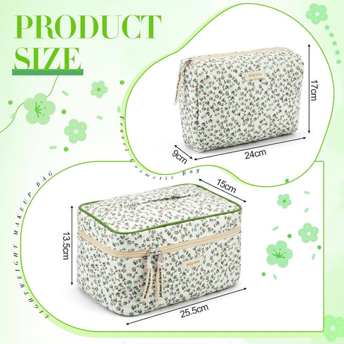 2 Pcs Cotton Quilted Makeup Bag, Large Travel Coquette Cosmetic Bag, Aesthetic Cute Floral Cherry Peony Toiletry Organizer skincare Bag for Women ...