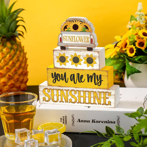 4 Pcs Summer Wooden Tiered Tray Decor Farmhouse Decorative Fake Book Decor Tiered Tray Decor Rustic Table Decor Books Stack Sign for Home Office (...