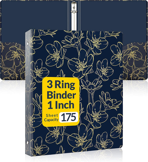 SUNEE 3 Ring Binder 1 Inch, Cute Binder with 2 Pockets, Decorative Pretty Three Ring Binder (Gold Rose on Blue Design) Heavy Duty (Fit 8.5x11 Inch...