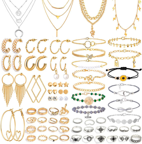 Thrilez 63 Pack of Jewelry Set for Women, Including 15 Pairs Fashion Earrings, 4 Pack Cute Necklaces, 13pc Aesthetic Bracelets/Anklets and 31pc Da...