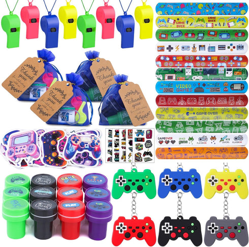 134 Pcs Video Game Party Favors, Includes Video Game Slap Bracelet Keychain Stamper Whistle Mesh Bag Card Stickers Tattoos for Kids Gaming Party F...