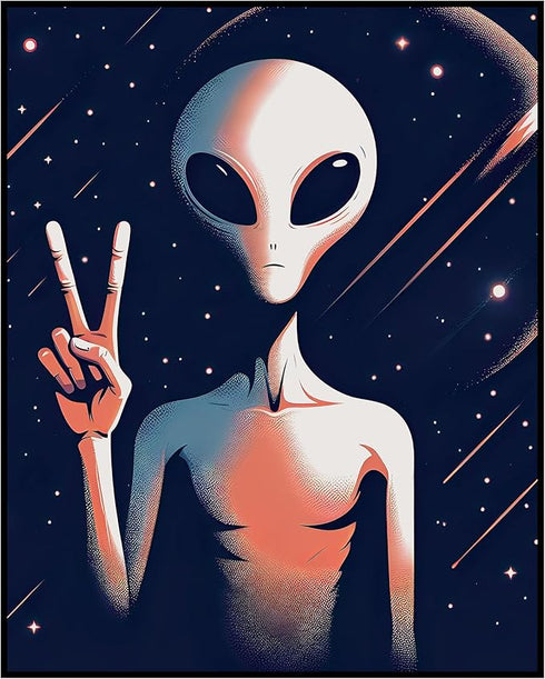 Posterizer 1 pcs-alien creature with peace sign-Abstract & Modern Art-Fantasy & Fiction Art-Gift for movie lovers-Gift for book lovers- UNFRAMED W...