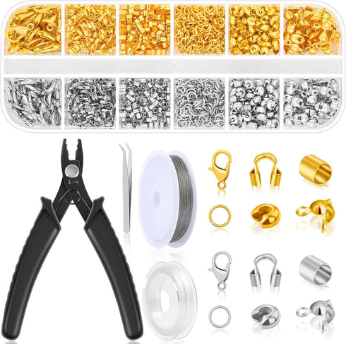 1200Pcs Crimp Beads Supplies for Jewelry Making, Including Crimp covers, Crimp Tubes, Bracelet Clasps and Closures, Crimp Ends, Jump Rings, Crimpi...