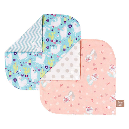 Southwest Llama 2 Pack Reversible Flannel Bandana Bib Set-Fox/Dot, Llama/Chevron Prints, Pinks, Mint, Gray, Turquoise, Lime, 100% Cotton Flannel, ...