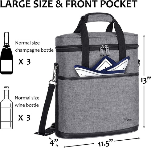 Tirrinia Insulated Wine Gift carrier - 3 Bottle Travel Wine Carry Cooler Tote Bag with Handle and Adjustable Shoulder Strap, Grey...