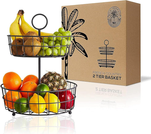 Regal Trunk & Co. -2 Tier Fruit Basket - French Wire Baskets| Wire Basket Holder| Multi-Tier Fruit Basket for Countertop or Hanging | Metal Frame...