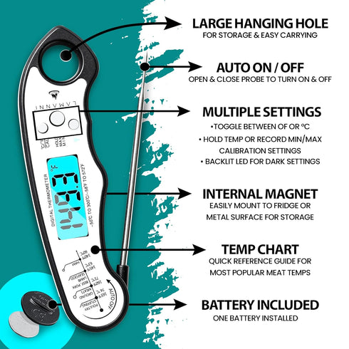 Instant Read Meat Thermometer for Cooking, Fast & Precise Digital Food Thermometer with Backlight, Magnet, Calibration, Foldable Probe, Waterproof...