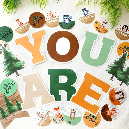 27 Pcs Classroom Affirmation Station Bulletin Board Set Positive Bulletin Board Decorations Woodland Tree Animal Motivational Posters for Classroo...