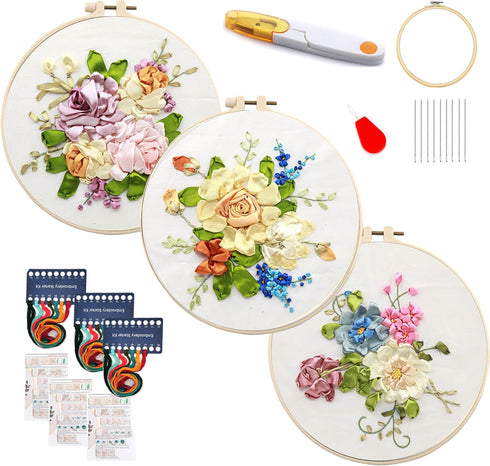 Maydear 3 Pack Embroidery Starter Kit with Pattern, Stamped Cross Stitch Kits for Beginners Adults with Embroidery Hoop and Instructions, Hand Emb...