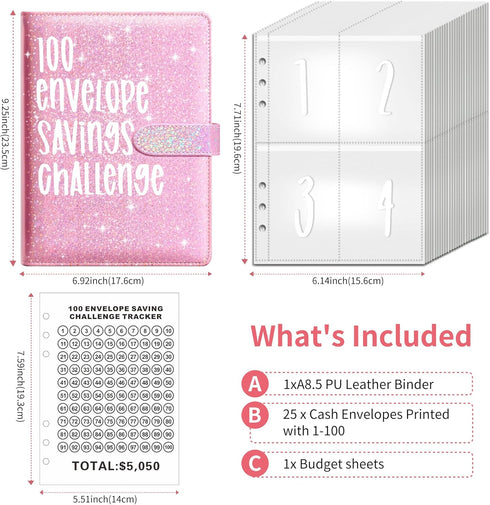 100 Day Money Saving Challenge Binder, Reusable Budget Book with Cash Filled Envelope Frosted Cover Money Binder Cash Savings Challenge Storage Bo...