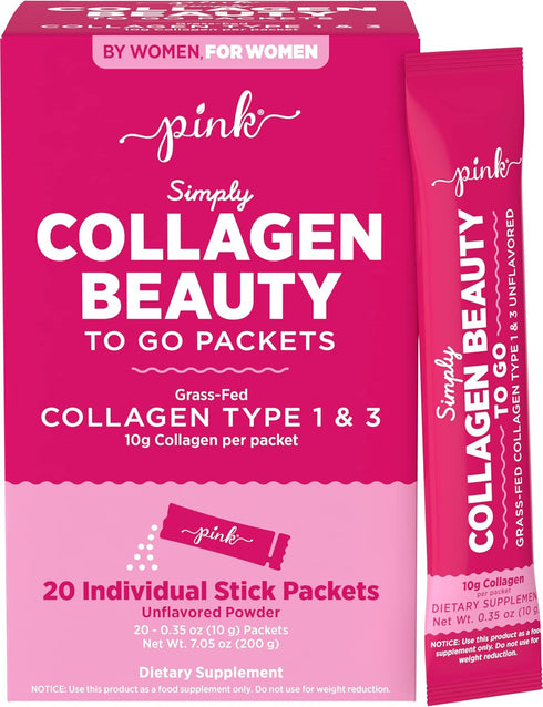 PINK Collagen Powder to Go | 20 Travel Packets | Unflavored Powder Type 1 & 3 | Gluten Free & Non-GMO Grass Fed Peptides...