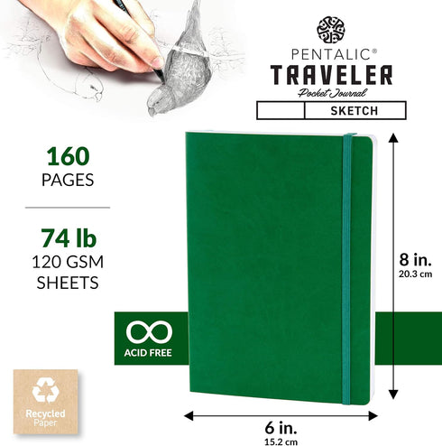 Pentalic 6" x 8" Pocket Sketchbook Traveler Journal, 160 Pages, Green...