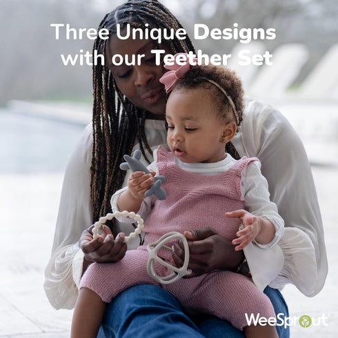 WeeSprout Handheld Teether Set (Matte Green, Pink & Off White)...