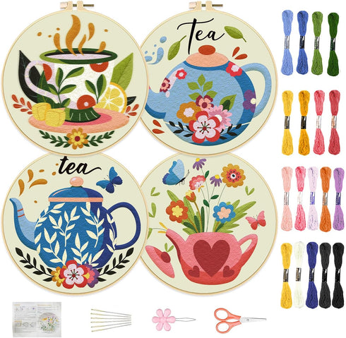 FREEBLOSS 4 Set 8'' Embroidery Kit for Beginners Embroidery Set Afternoon Tea and Flowers Patterns Embroidery Starter Kit with Instructions Includ...