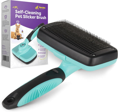 Hertzko Dog & Cat Brush, Dog Brush for Shedding, Cat & Dog Grooming, Self Cleaning Slicker Brush for Pets, Grooming Brushes for Long Short Haired ...