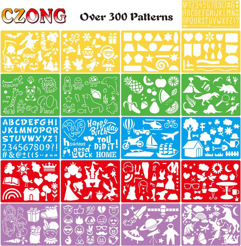 CZONG 21 Pieces Drawing Stencils Set for Kids Over 300 Different Patterns to Draw Imaginative Children's Stories, Washable Craft/Random Colors Jou...