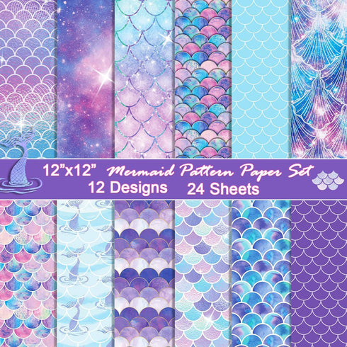 24 Sheets Mermaid Pattern Paper Set, 12"x12" Patterned Cardstock Paper Scrapbooking Supplies Paper Origami Paper for Birthday Theme Party - 12 Sty...