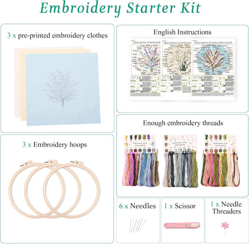 Harimau 3Pc Embroidery Kit for Beginners, Floral Plant Pattern,Cross Stitch Kits Set, Including Stamped Embroidery Cloth with 3 Embroidery Hoops, ...