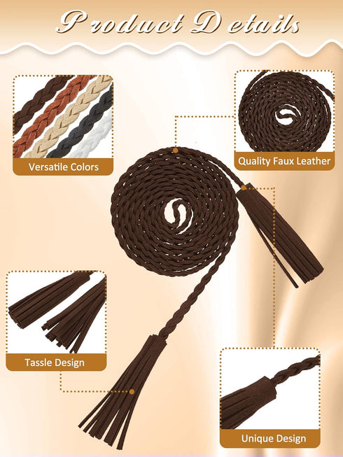 Geyoga 5 Pieces Rope Belt for Women Skinny Woven Boho Belt Braided Belt Stretch Thin Tassel Waist Belt Rope Chain Accessories for Skirt Dress, Chr...