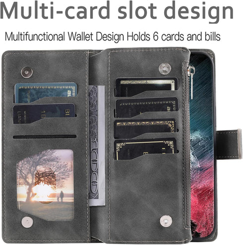 Asuwish Phone Case for Samsung Galaxy S22 Ultra 5G Wallet Cover with Tempered Glass Screen Protector Wrist Strap Mandala Flower Flip Zipper Card H...