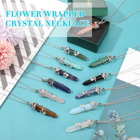 12 Pcs Healing Crystal Necklace Hexagonal Healing Crystal Flower Wrapped Crystal Point Pendant Necklace Healing Pendents Natural Quartz Point Neck...