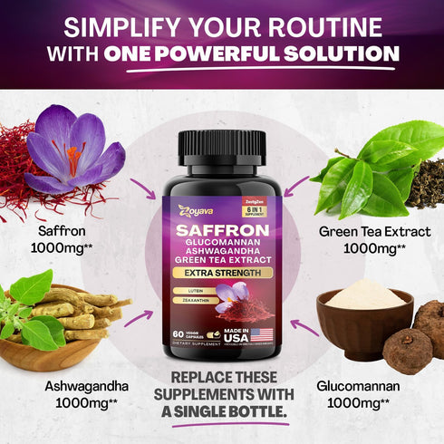 Zoyava Saffron Supplements 1000mg Glucomannan 1000mg Ashwagandha 1000mg Green Tea Extract 1000mg Lutein & Zeaxanthin - Pure Saffron Extract Capsul...